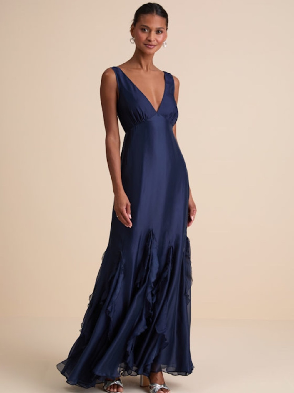 Lulus Deluca Navy Floral Sleeveless Ruffled Maxi Dress Blue - Size M